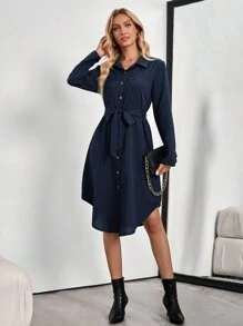 EMERY ROSE Women's Shirt Style Long Sleeve Dresses For Women Elegant - Navy Blue - View 6
