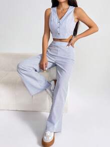 SHEIN PETITE Women's Striped Cropped Vest And Wide Leg Pants Suit - ازرق وابيض - مشاهدة 8