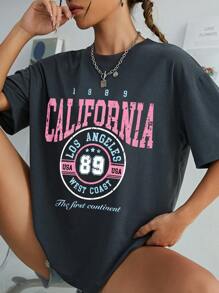 INAWLY 休闲度假风格字母图案，落肩圆领复古灰色 T 恤，休闲短袖返校季图案 T 恤女式上衣