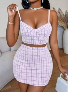 VaVaBold 女士夏季格纹弹力针织吊带背心 - 淡紫色 - 查看 3