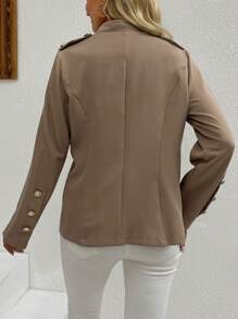 SHEIN Clasi Jaket Pendek Kasual Wanita dengan Hiasan Kancing - Khaki - View 2