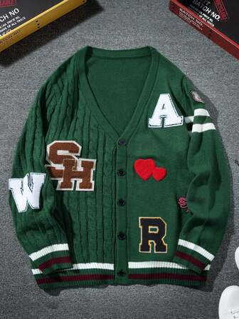 Manfinity Hypemode Herren grüner Sweatshirt mit Buchstaben, lässiger Rippstrick Cardigan mit Buchstaben Patch, Rücken für Schule, Oversized, zweifarbig Chunky Academia Cardigan, Geschenk für Ehemann oder Freund