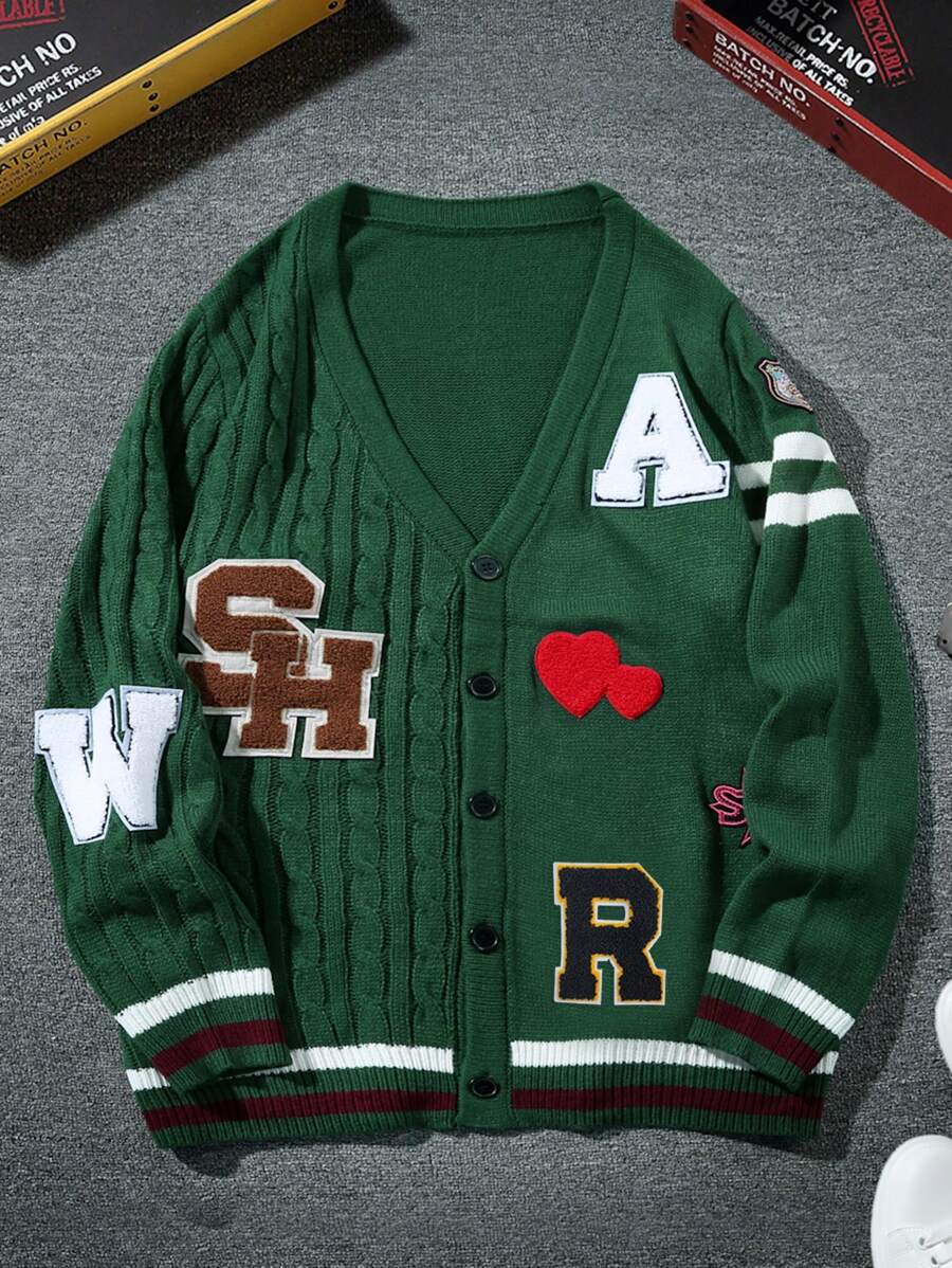 Aesthetic Post--Men's Green Letter Sweater Spring & Autumn Casual Rib Knit Cardigan With Letter Patch Back To School Drop Shoulder Dark Green Chunky Academia Color Block Cardigan, For Husband, Boyfriend Gifts, Long Sleeve Top - Green - View 1