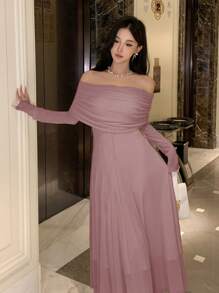 DAZY Abito elegante monospalla a tinta unita, adatto per autunno, feste di compleanno e balli, vestito da donna per l'autunno - Rosa - Visualizzare 4