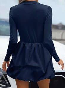Chiquease Women Floral Patchwork Stand Collar A-Line Dress, Spring & Fall,Ladies Casual Belted Long Sleeve Stand Collar Slim Fit Short Navy Blue Regular Sleeve Plain A Line Women Short Dresses,Spring/Fall,Casual Daily Wear - Navy Blue - View 2
