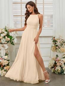 SHEIN Belle 露背高开叉腰伴娘礼服（成人）、婚礼礼服、优雅礼服 - 杏色 - 查看 5