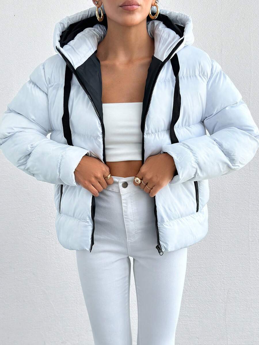 Women's Drawstring Hooded Loose Casual Jacket, Winter - White - View 1
