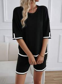 Contrast Color Knitted Two-Piece Set, Short Sleeve Top And Shorts - Black - View 3