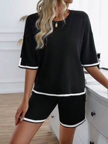 Contrast Color Knitted Two-Piece Set, Short Sleeve Top And Shorts - Black - View 5
