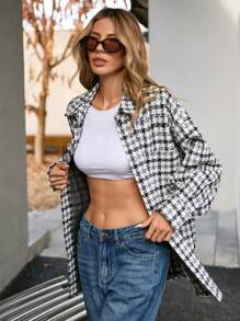 Aveloria 女式中长款休闲缺口领超大千鸟格设计大衣