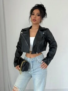 Rafferiza Biker-Style Short PU Leather Metal Decor Jacket For Women Fall Winter Cloth For Women - Black - View 5