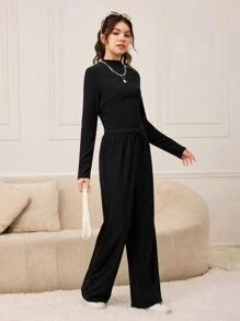 SHEIN 2pcs Teenage Girl's Stand Collar Textured Long Sleeve T-Shirt + Loose Fit Casual Pants Set - Black - View 6