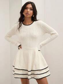 COSMINA Women's Casual Patchwork Trim Layered Hem Old Money Style Elegant Dress, Fall And Winter