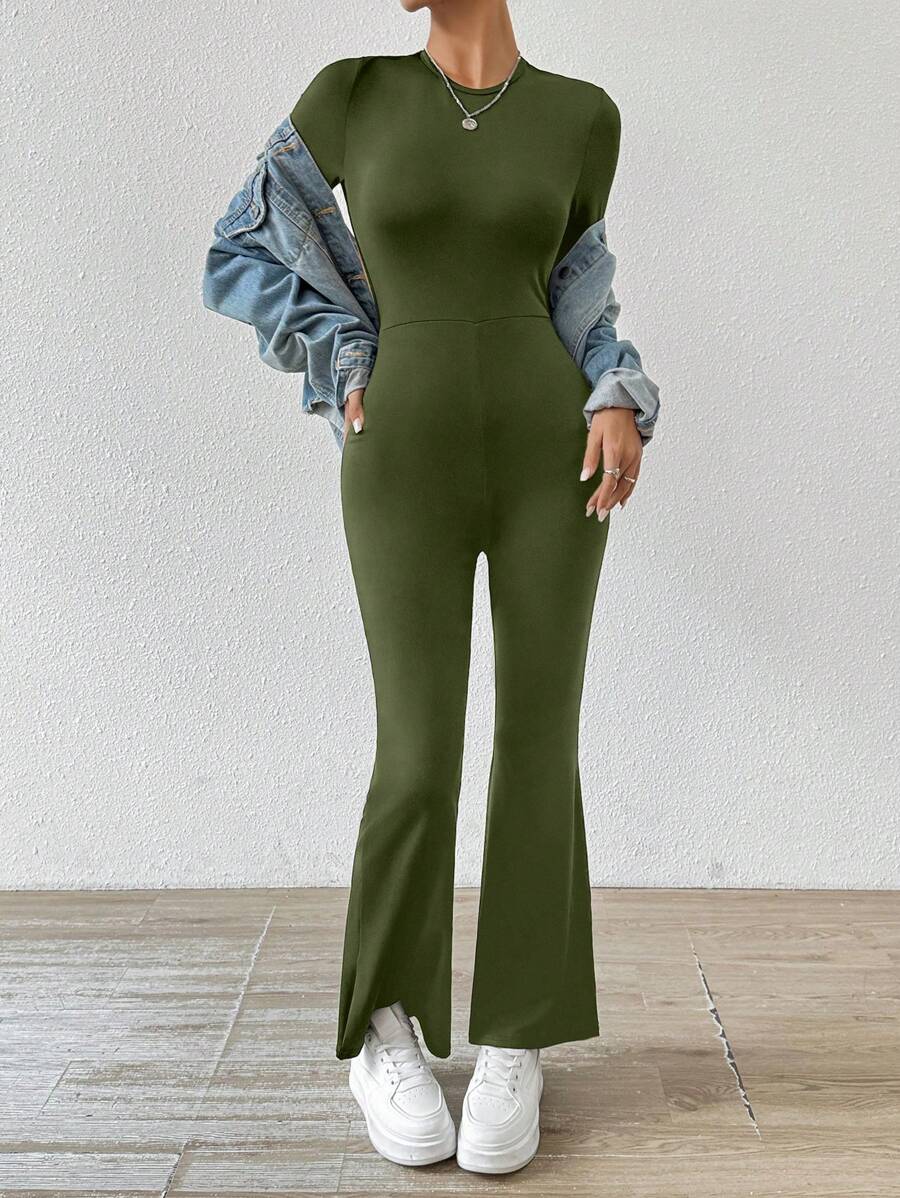SHEIN PETITE Casual Round Neck Slim Fit Open Back Long Sleeve Jumpsuit For Vacation
