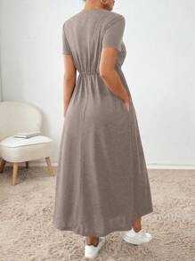SHEIN Essnce Women's Summer Casual Solid Color Drawstring Waist Dress,Summer Dresses For Women - Mocha Brown - View 2