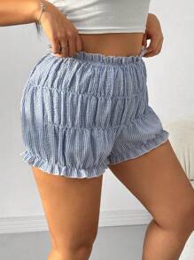 CovetEZ 大码女式格子荷叶边宽松短裤 - 藍白色 - 查看 4