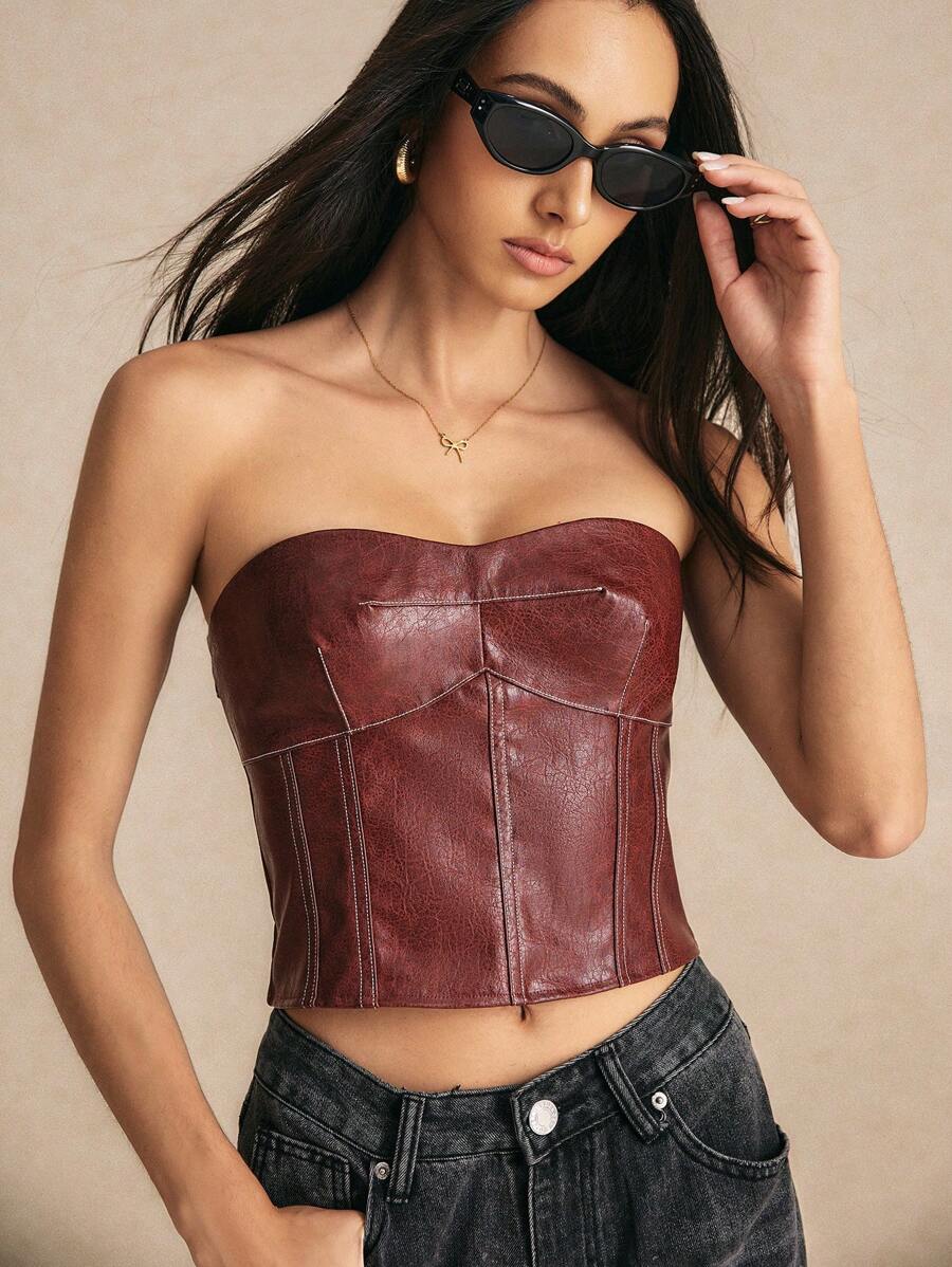 Poéselle 女士勃艮第仿皮紧身胸衣上衣，复古风格，90 年代复兴短款紧身胸衣式上衣，后拉链设计，非常适合秋季派对、万圣节和百搭秋季时尚，将复古魅力与现代风格融为一体，呈现浓郁的酒红色调。