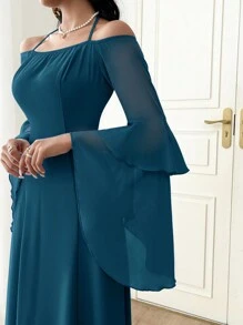 Modelyn 女士纯色露肩系带前喇叭袖长款优雅连衣裙，春夏长款晚礼服 - 水鴨藍 - 查看 6