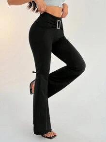 SHEIN PETITE Pantalones acampanados elásticos de unicolor con cintura recogida en forma de diamante cuadrado para mujeres - Negro - Ver 7
