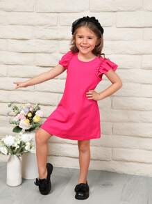 SHEIN 年轻女孩纯色圆领 A 字裙，带荷叶边下摆和蝴蝶袖