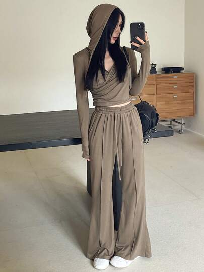 DAZY 2件套女士纯色运动服套装，秋季女装运动套装连帽家居服套装