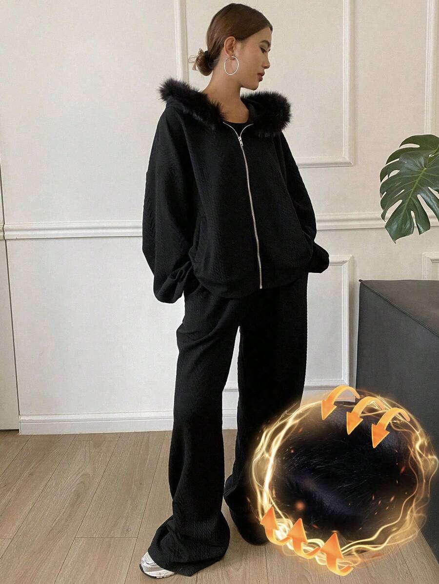 DAZY 2 piezas Conjunto de chaqueta con capucha y cuello esponjoso talla grande pantalones de unicolor para mujer, forrado térmico para otoño e invierno, conjunto de chándal para mujer - Negro - Ver 1