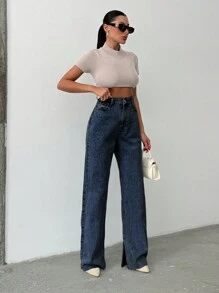 EURMUSE VAQUEROS DE PIERNA ANCHA DE CINTURA BAJA PARA MUJERES - Azul lavado oscuro - Ver 7