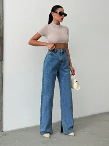 EURMUSE 阔腿低腰牛仔裤 - 中等水洗藍 - 查看 7