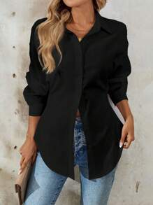 Calvaya 女式纯色长袖高腰优雅度假衬衫 - 黑色 - 查看 3