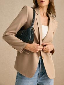 SHEIN Frenchy 秋季新款女装休闲时尚通勤短款风衣宽松后背镂空设计长袖西装外套女装法国 - 卡其色 - 查看 3