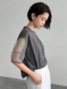 FRIFUL Designer Summer Casual Mesh Contrast Round Neck Short Sleeve T-Shirt Sheer