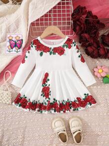 Baby Girl Rose Pattern Casual Dress, Spring & Autumn - Red - View 1