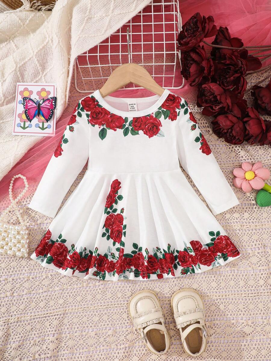 Baby Girl Rose Pattern Casual Dress, Spring & Autumn - Red - View 1