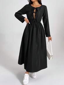 SHEIN PETITE Women's Black Long Sleeve Basic Fashion Dress With Bow Tie At Waist