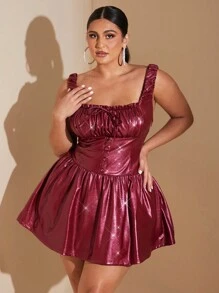 SHEIN BAE Plus Size Burgundy Autumn Girlism Night Out Club Elegant Red PU Leather Square Collar Bow Low Waist Mini Ballet Dress, Halloween Party Costume - Burgundy - View 3