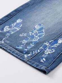 ROMWE MEN Street Life Quần short denim dài đến đầu gối in chữ và hình in giản dị cho nam - Màu xanh lam - Xem 3