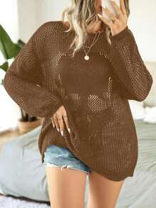 Calvaya Plus Size Solid Color Round Neck Long Sleeve Hollow Out Casual Sweater Knit Pullover Fall Winter - Khaki - View 3