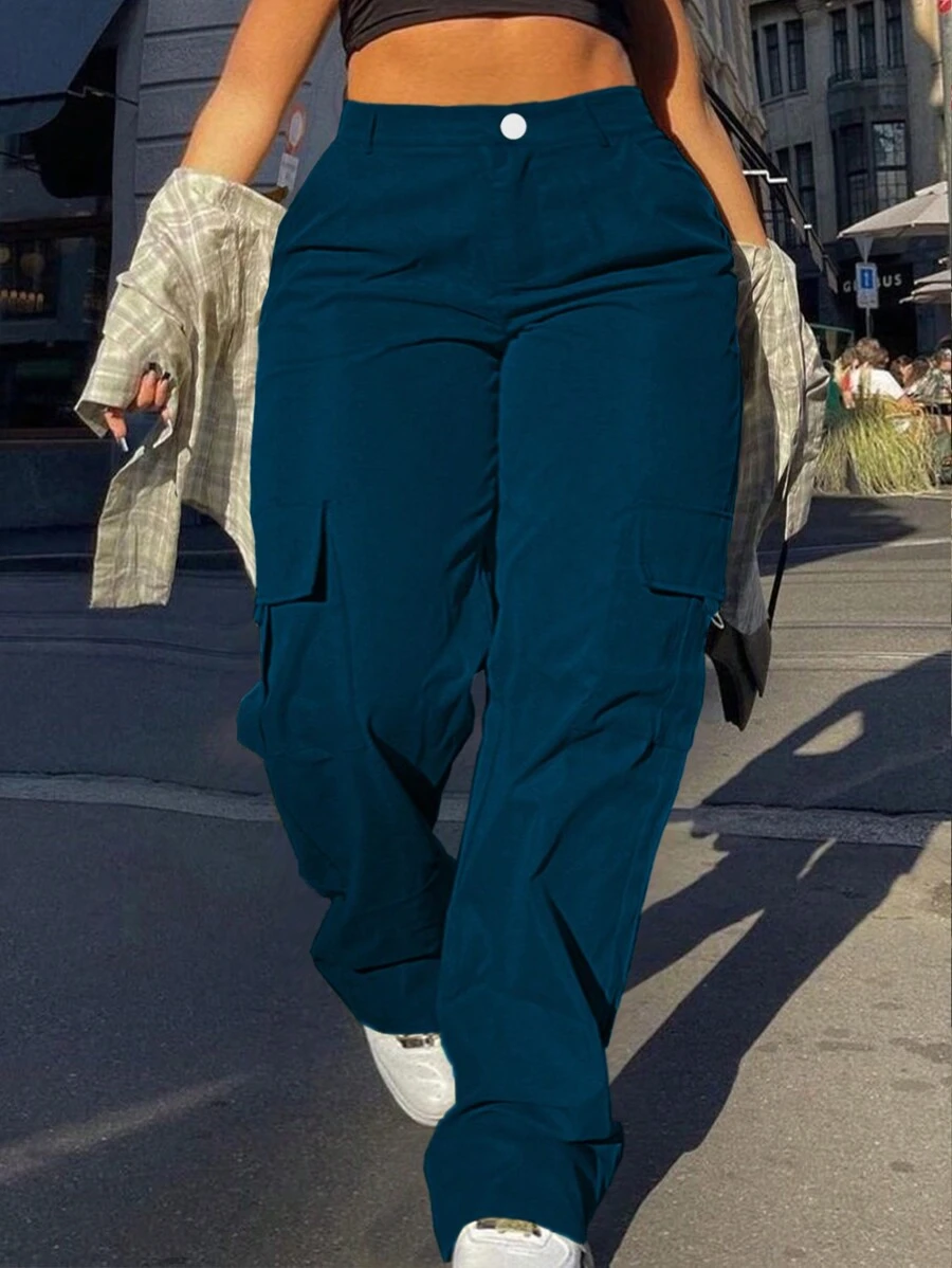 Pantalones cargo casuales con botones delanteros en unicolor para talla grande - Azul Marino - Ver 1
