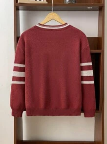 SHEIN 1 pieza Suéter cálido con estilo colegial y casual diario para adolescentes, con cuello en forma de corazón de pollo, a rayas rojas y blancas, sin patrón de tejido americano de fútbol americano. Ropa de regreso a la escuela; Atuendos de otoño; Ropa de adolescente; Chaquetas de adolescente otoño/invierno