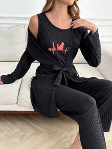 SHEIN Cottnline 100% Cotton 3Pcs  Cat Printed Homewear Set - Navy Blue - View 4