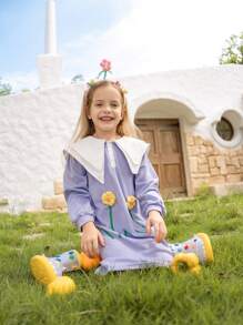 Robe à manches longues avec col brodé de fleurs mignonne pour jeune fille, style élégant et doux, automne hiver - Prune - Voir 7