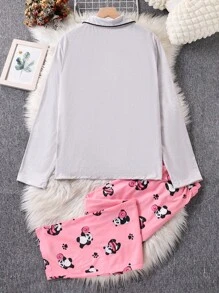 2pcs/Pajama Set Cute Panda & Donut Print Cardigan Leisure Wear For Teenage Girls, Long Sleeve Top And Pants