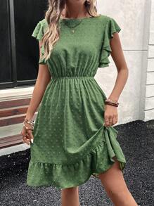 Chiquease Green Embroidered Waist Ruffle Hem Round Neck Midi Casual Dress For Women, Spring/Summer