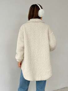 SHEIN PETITE Dropped Shoulder Flap Detail Teddy Fur Coat - Apricot - View 2