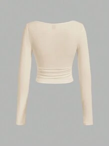 SHEIN EZwear 2 件套女士纯色方领褶皱侧边修身长袖 T 恤，秋季上衣 - 米色 - 查看 3