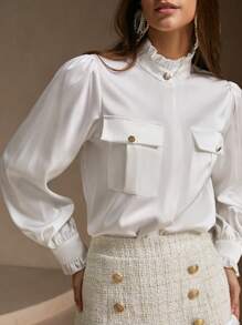 Anewsta 2 chiếc áo sơ mi túi bèo nhún và chân váy kẻ caro thanh lịch cho nữ, xuân hè - trắng - Xem 2