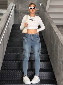 SHEIN Teen Girl's Casual Stretch Jeans, Blue Washed Jeans - Medium Wash - View 4