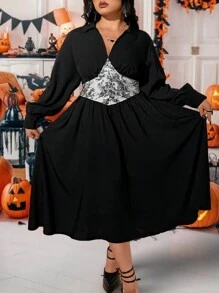 Flirla Plus Size V-Neck Long Sleeve Colorblock Design Elegant Casual Dress, Black Halloween Dress Fall Cloth For Women - Multicolor - View 1