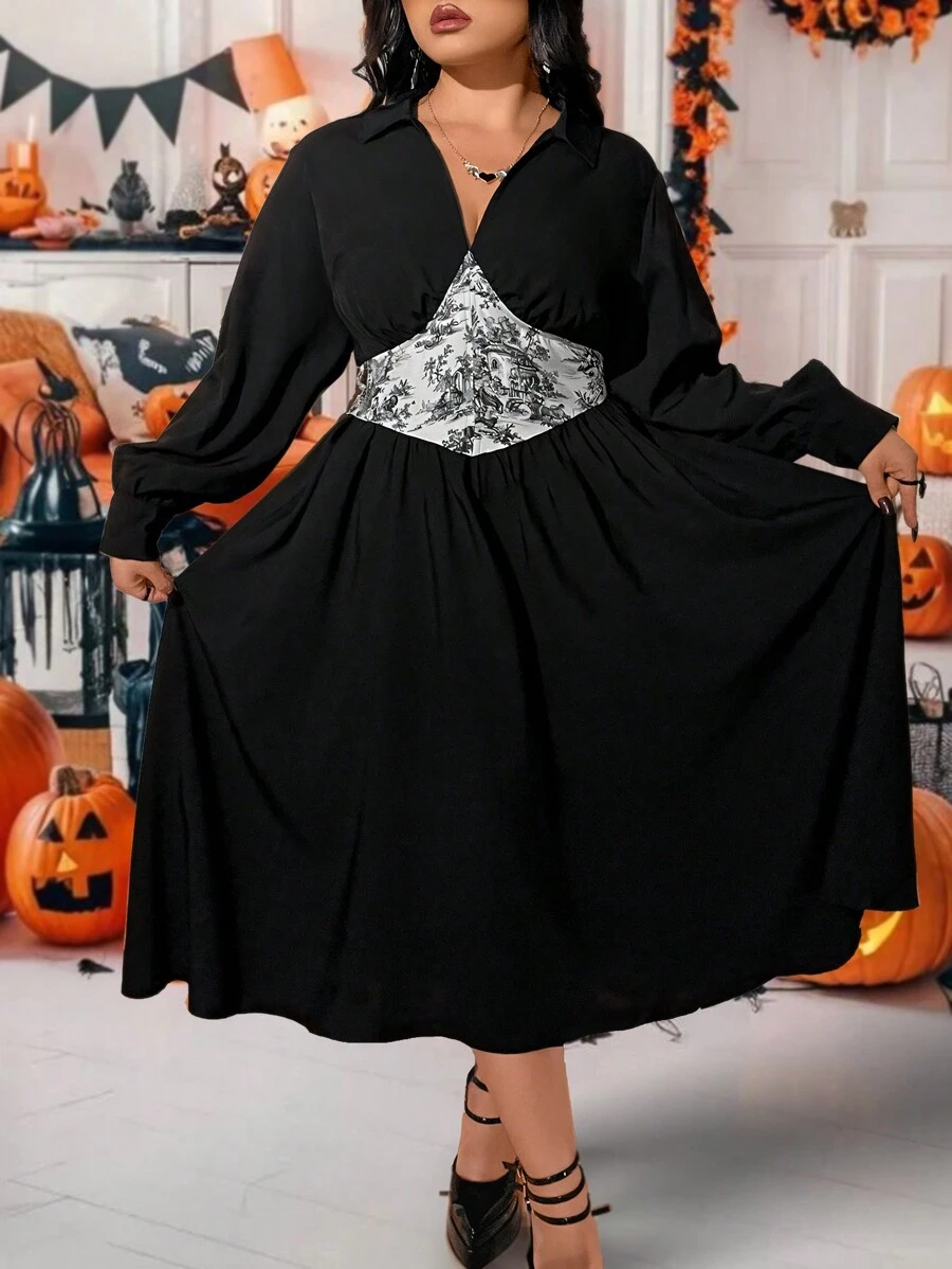 Flirla Plus Size V-Neck Long Sleeve Colorblock Design Elegant Casual Dress, Black Halloween Dress Fall Cloth For Women - Multicolor - View 1