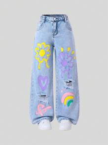 SHEIN Sparklyn Tween Girl Graffiti Distressed Wide-Leg Jeans , Loose & Cute Straight Leg Pants, School, Campus, College - Light Wash - View 3
